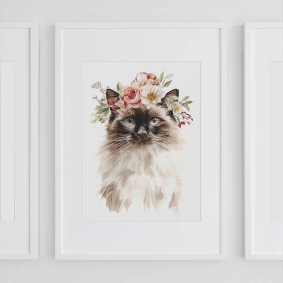 Watercolor Ragdoll Cat with Flower Crown Wall Art Print Unframed - Picture 6 of 7